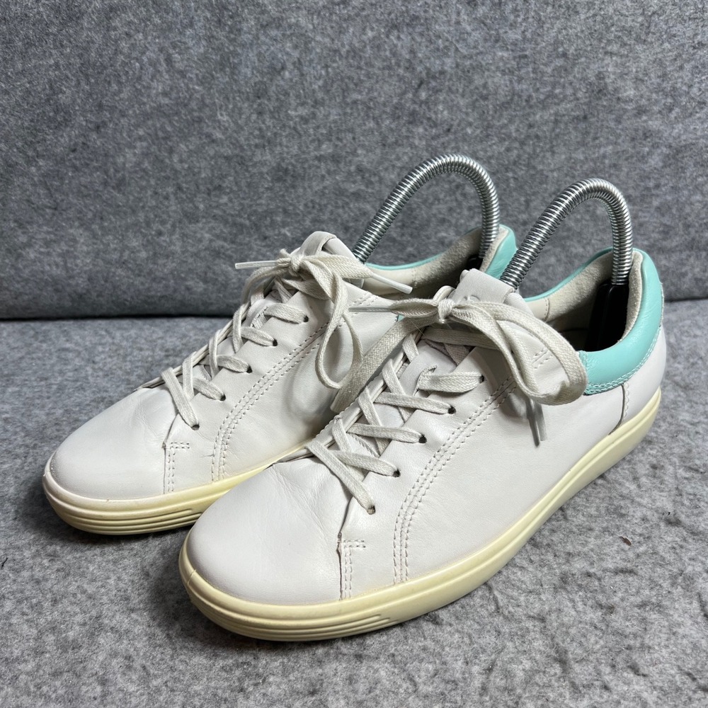 ECCO Soft 7 Womens Sneakers White Leather Ice Blue Low Top Lace Up Shoes 38 US 7